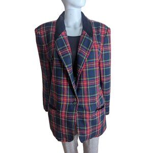 VTG Wool-Blend Tartan Blazer With Velvet Collar & Crest Button Details - SZ 12